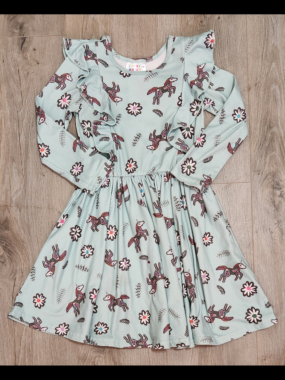 Girls Dot Dot Smile Mint Green Unicorn & Daisy Long-Sleeve Ruffle Dress